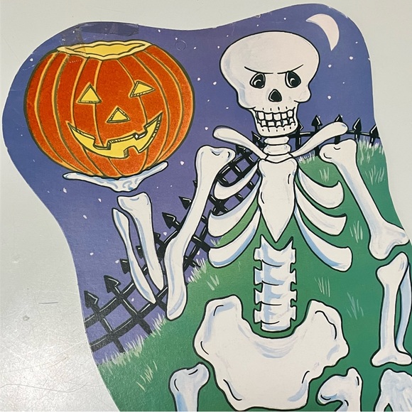 Vintage Eureka Halloween Skeleton Pumpkin Flocked Fuzzy Double Sided Die Cut - Picture 2 of 13